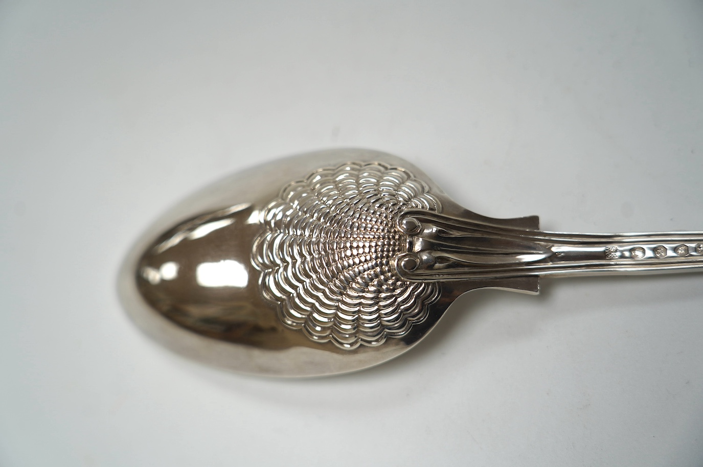 An early Victorian silver Queen's pattern basting spoon, by Hayne & Cater, London, 1842, with Coburg pattern bowl back, 29.9cm, 6.9oz. Condition - good